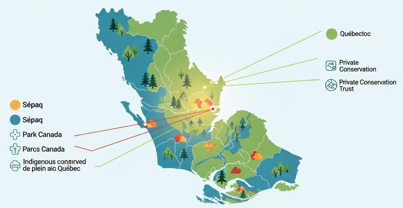 Carte stylisée montrant les différentes zones protégées au Québec par la Sépaq, Parcs Canada et les aires protégées autochtones.