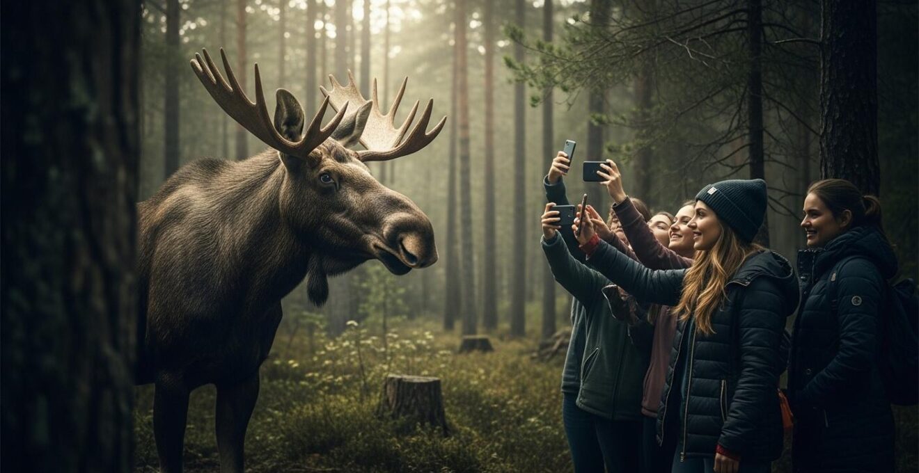 Image réaliste d’un orignal stressé par la présence d’un groupe de touristes prenant des selfies de trop près