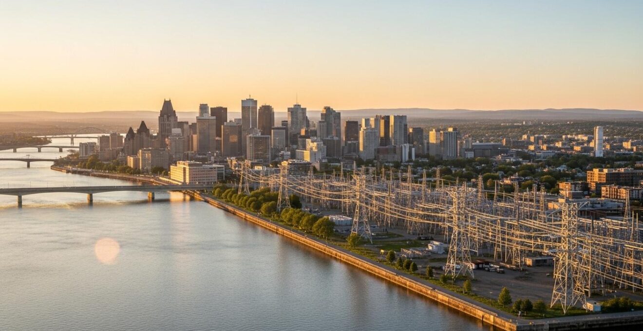 Image dynamique d’une métropole moderne avec des startups technologiques et la présence symbolique d’Hydro-Québec en arrière-plan