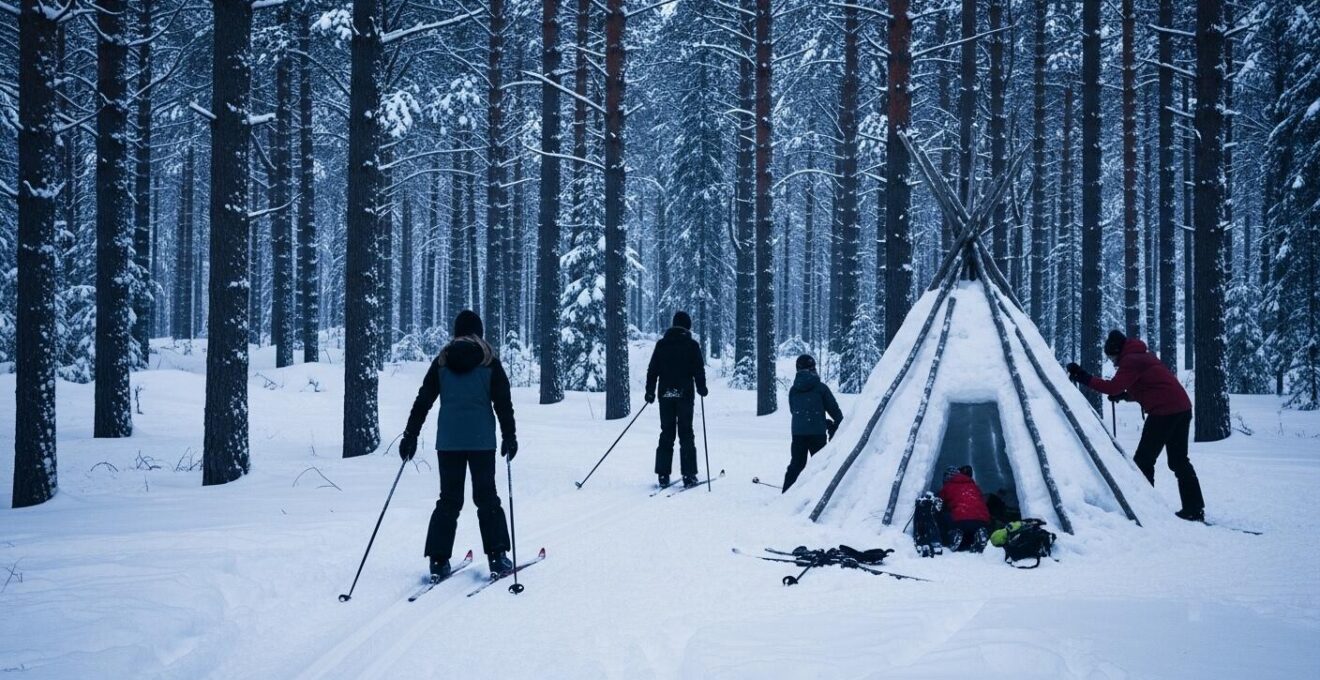 Un groupe de jeunes pratiquant le ski hok et la construction d’un quinzee dans un paysage enneigé du Québec