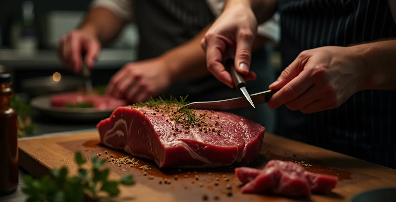 Chef en cuisine préparant de la viande de gibier avec des outils traditionnels et techniques modernes