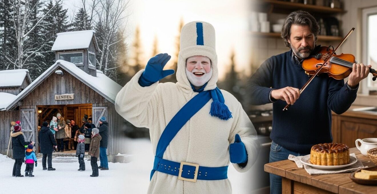 Montage symbolique réunissant la cabane à sucre, le Bonhomme Carnaval, violon traditionnel et tourtière représentant les traditions du Québec