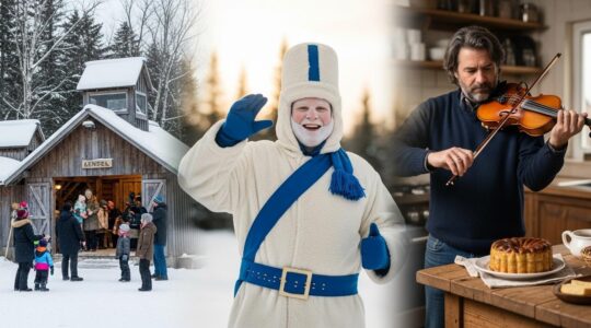 Montage symbolique réunissant la cabane à sucre, le Bonhomme Carnaval, violon traditionnel et tourtière représentant les traditions du Québec