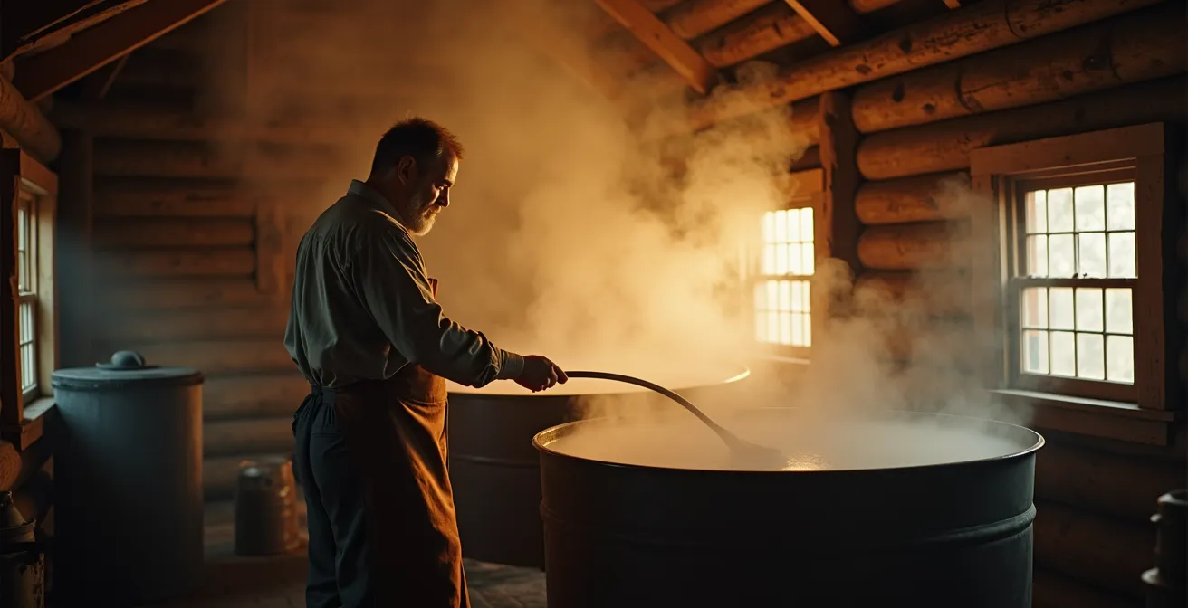 Un maître sucrier au travail dans une cabane à sucre traditionnelle, surveillant les cuves d'évaporation du sirop d'érable avec un décor naturel en arrière-plan.