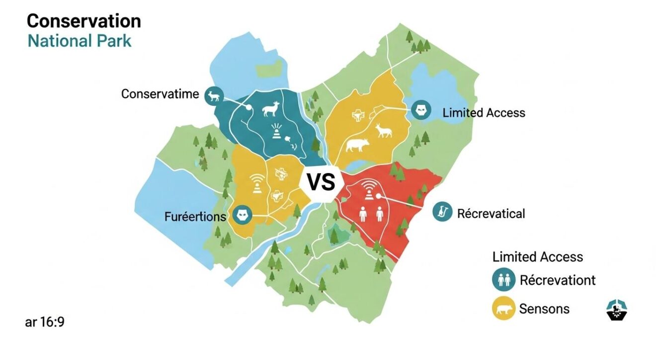 Carte stylisée montrant différentes zones de conservation et d'accès limité dans un parc national au Québec
