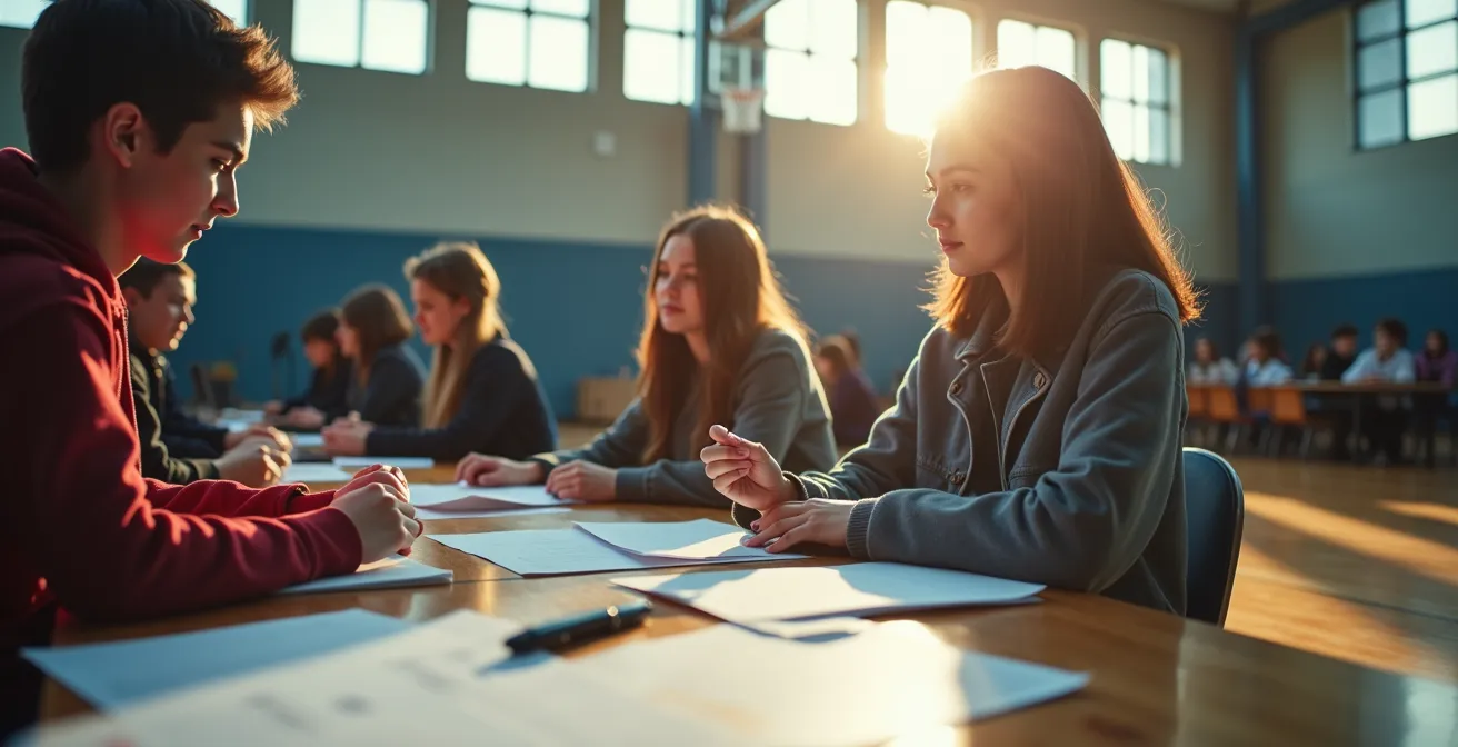 Étudiants québécois participant à diverses activités parascolaires dans un gymnase scolaire