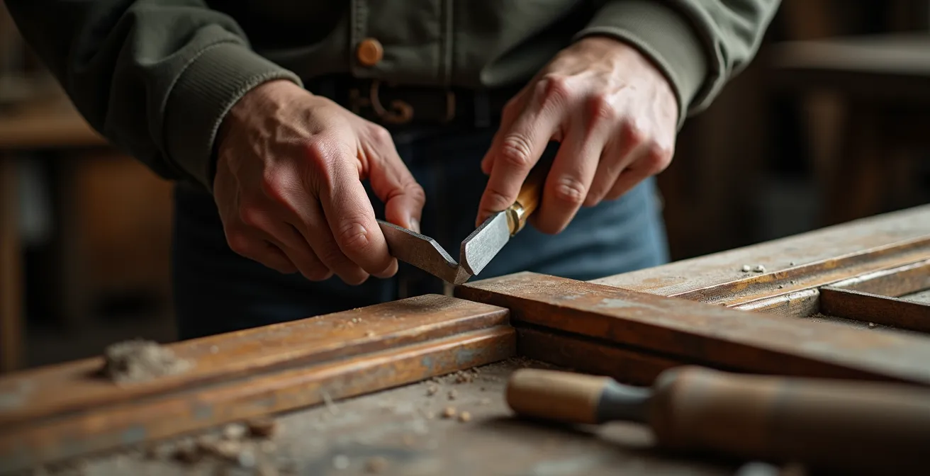 Artisan québécois travaillant sur la restauration d'une fenêtre en bois d'époque avec outils traditionnels