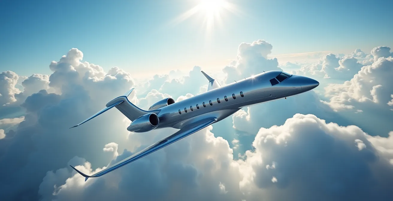 Jet d'affaires Bombardier Global 7500 en vol au-dessus des nuages