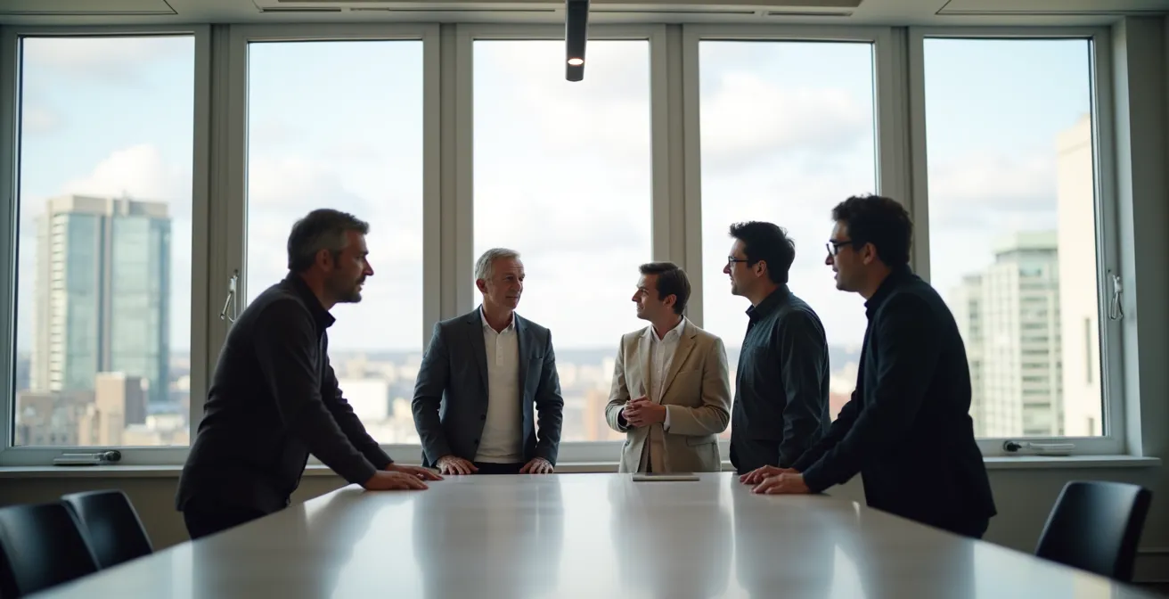 Espace de travail collaboratif québécois montrant une réunion informelle entre collègues de différents niveaux hiérarchiques