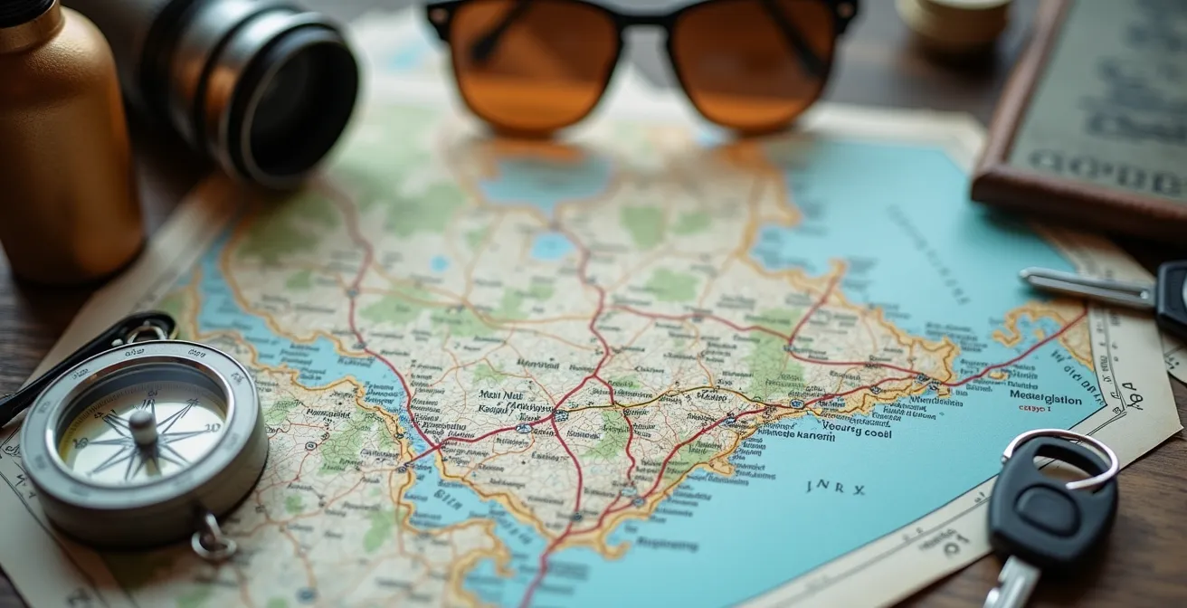 Vue macro d'une carte routière du Québec avec équipement de voyage estival disposé autour