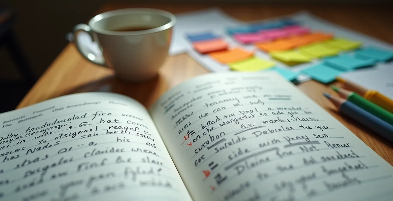 Vue macro de manuels et notes de cours sur une table de bibliothèque de cégep