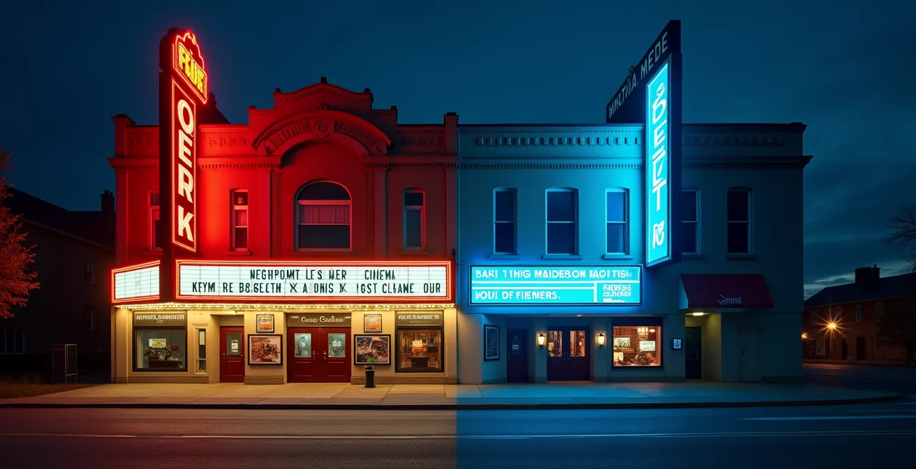 Petit cinéma de quartier québécois faisant face à un multiplex moderne
