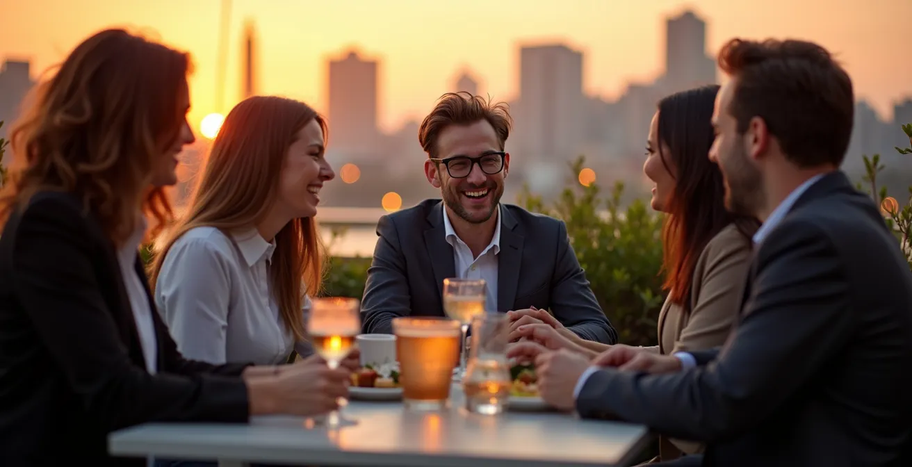 Groupe de collègues sur une terrasse montréalaise en fin de journée