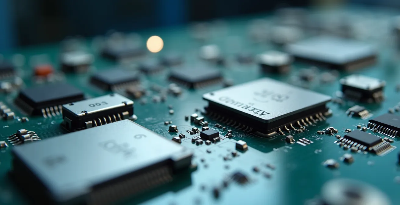 Gros plan sur des composants électroniques de haute technologie en production dans une usine québécoise