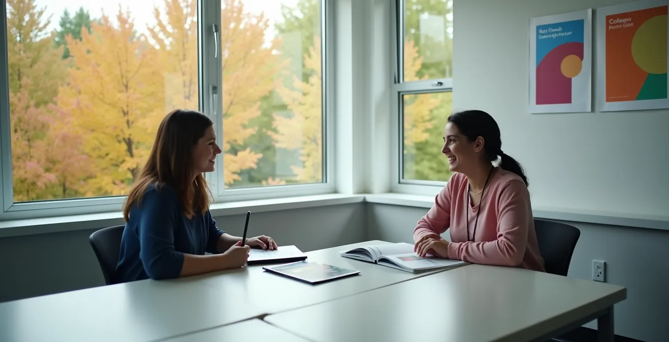 Adolescent en consultation avec un conseiller d'orientation dans un bureau scolaire québécois