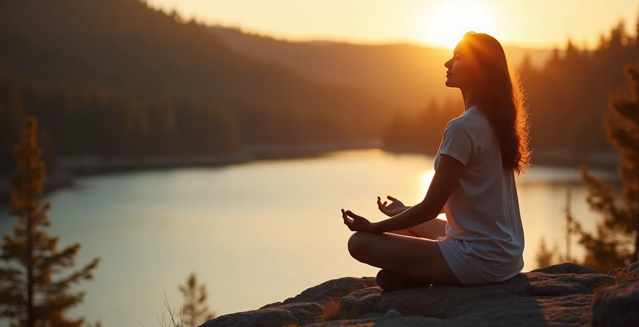 Personne assise sur un rocher contemplant un lac forestier québécois au coucher du soleil