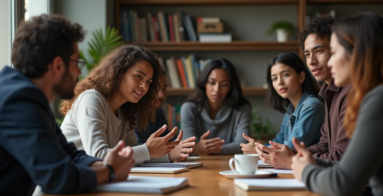 Groupe diversifié de chercheurs en discussion animée autour d'une table ronde