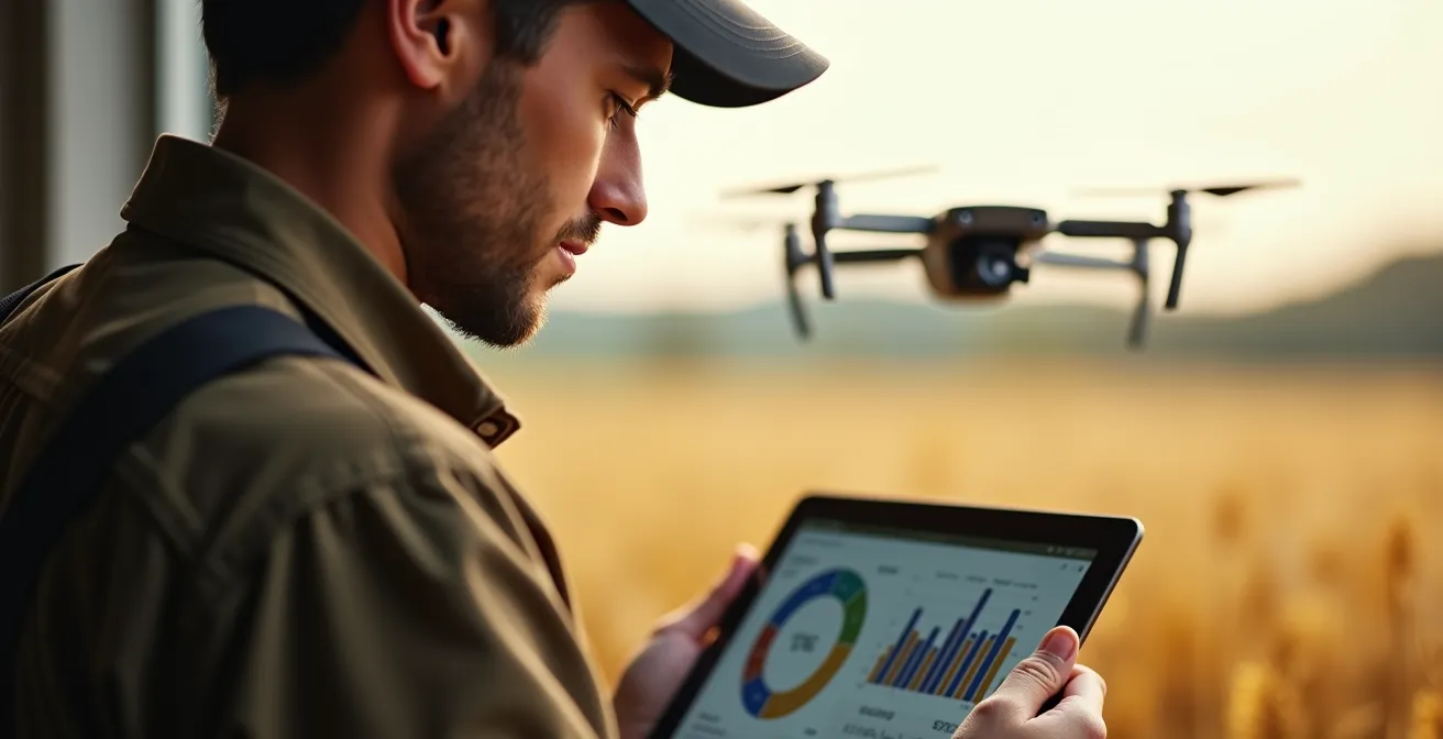 Drone agricole survolant des champs de céréales pour la collecte de données de précision