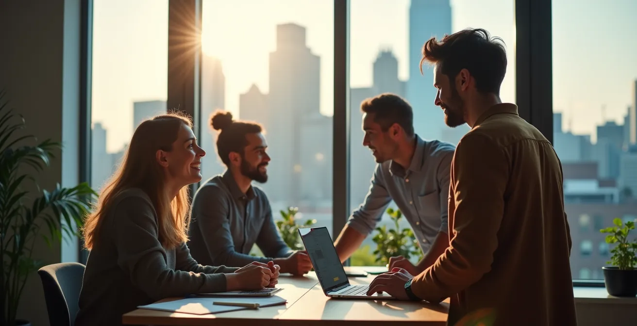 Bureau moderne montréalais avec professionnels en technologie travaillant sur des projets d'intelligence artificielle