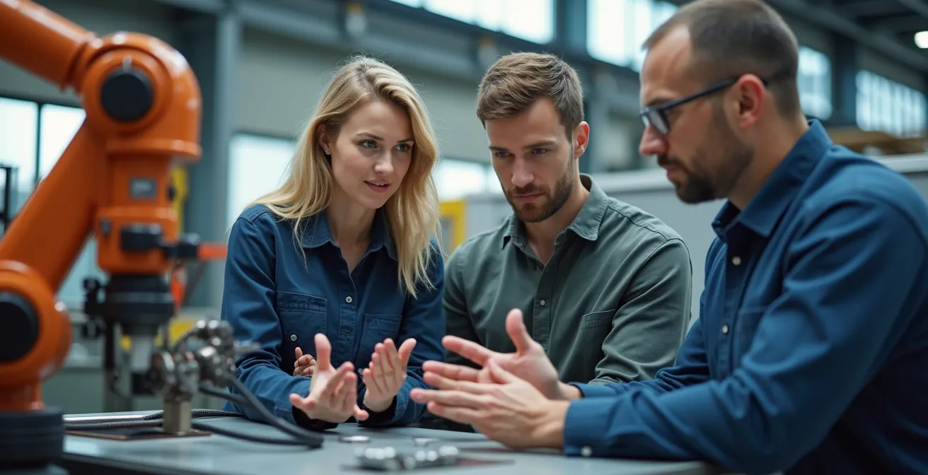 Portrait d'une équipe diversifiée de travailleurs en formation avec des technologies numériques dans un environnement manufacturier moderne