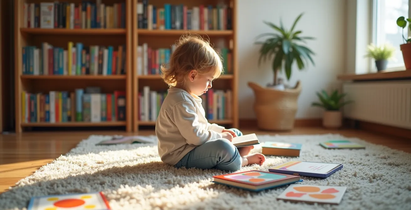 Enfant découvrant la lecture avec une combinaison harmonieuse de livres et de technologie