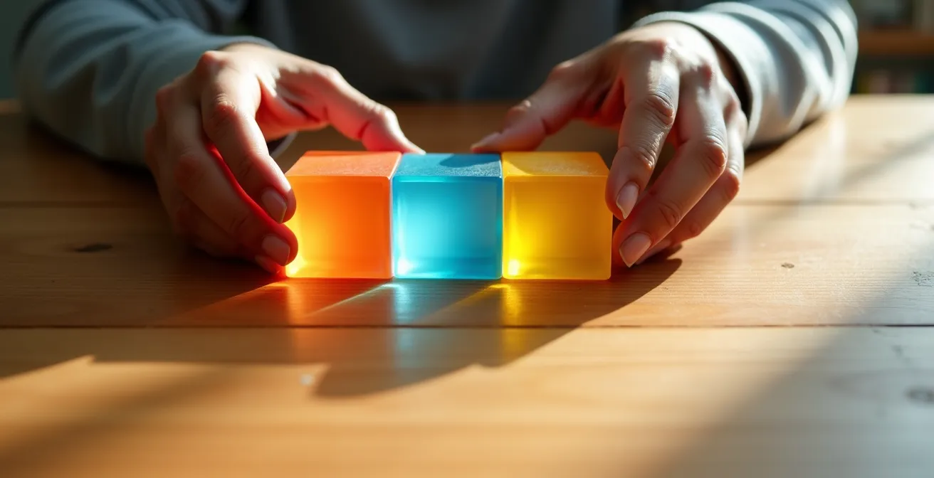 Vue macro de mains organisant des blocs de temps colorés sur une surface en bois naturel