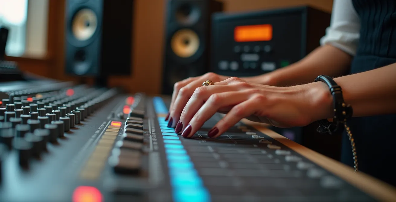 Mains féminines manipulant des contrôles de console de mixage dans un studio professionnel