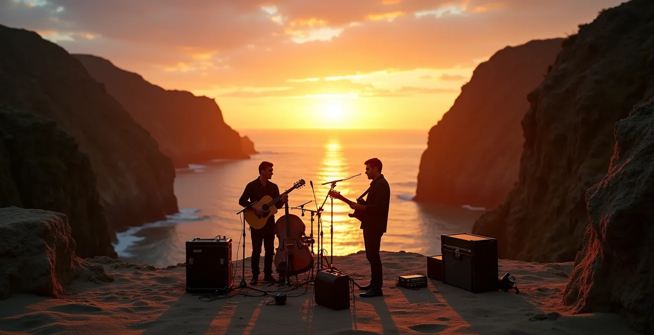 Concert au lever du soleil au Cap-Bon-Ami avec vue sur l'océan et les falaises de Gaspésie