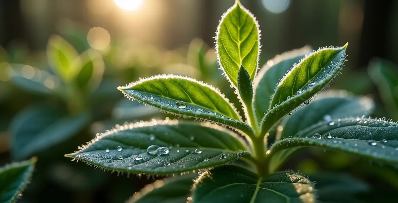 Macro détaillée de thé du Labrador avec rosée matinale dans la forêt boréale