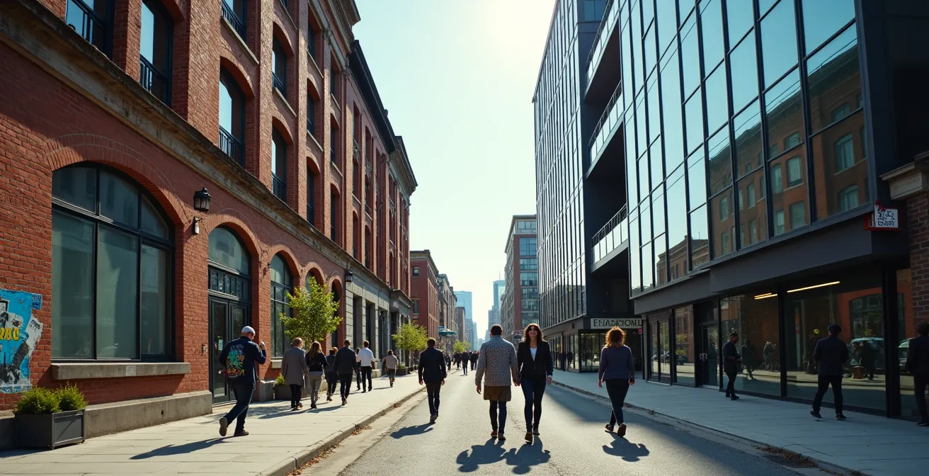 Vue contrastée montrant l'architecture industrielle historique du Mile-End côtoyant les nouveaux développements modernes