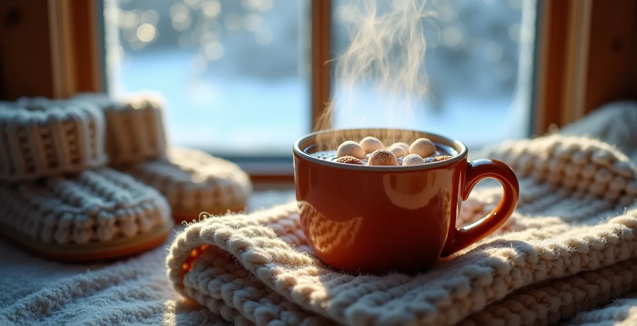 Intérieur chaleureux québécois avec vue sur paysage enneigé
