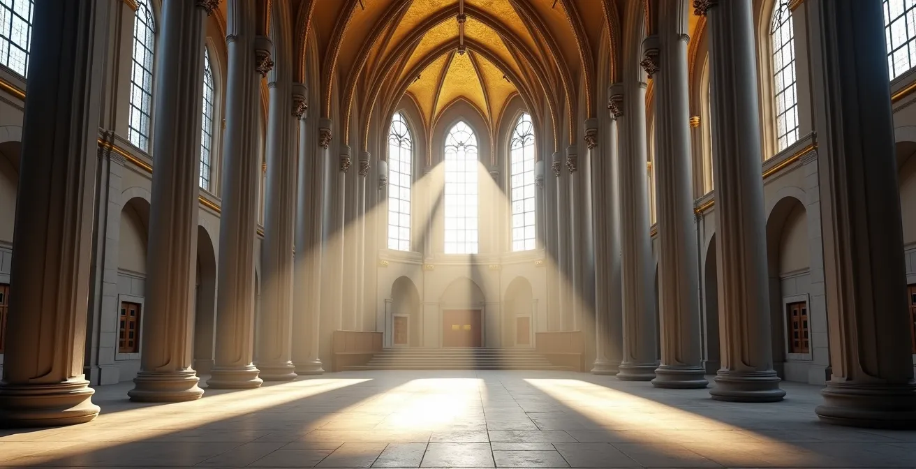 Intérieur majestueux d'une église québécoise avec voûtes dorées et colonnes de pierre calcaire