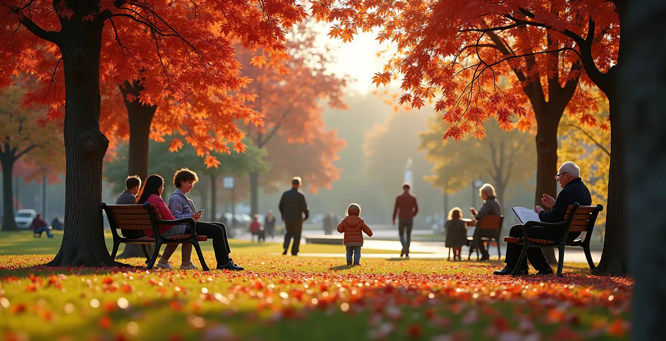 Vue large d'un parc urbain québécois avec groupes multigénérationnels en interaction