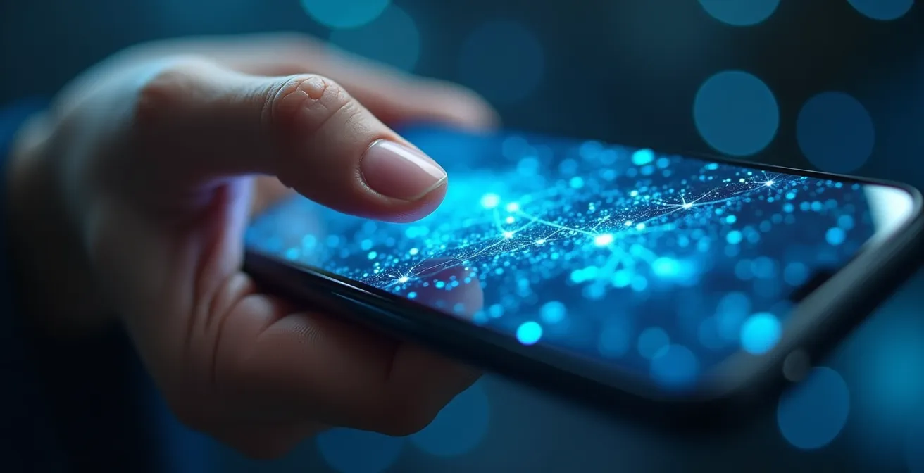 Main tenant un téléphone intelligent avec des visualisations abstraites d'applications d'IA québécoises