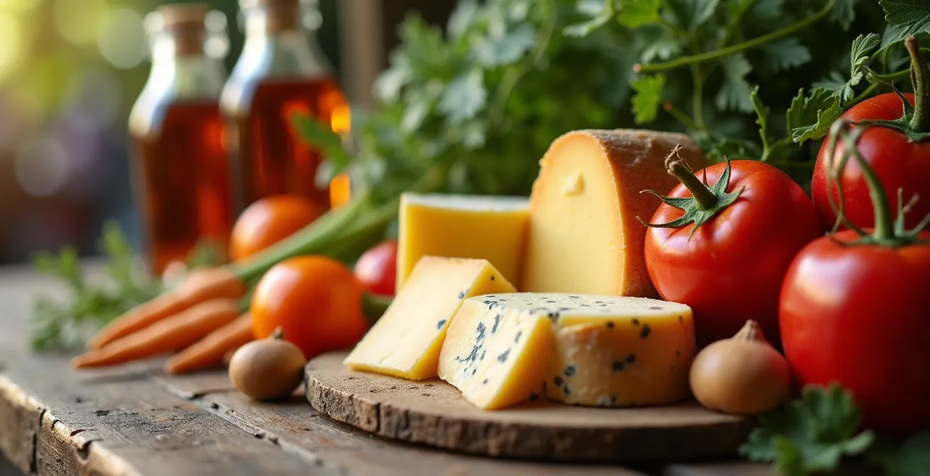 Étalage coloré de produits du terroir québécois dans un marché public animé