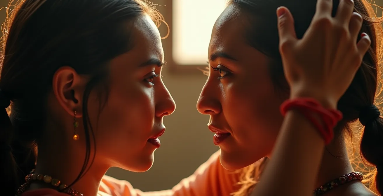 Portrait intime d'une performance théâtrale autochtone contemporaine avec éclairage naturel et décors minimalistes