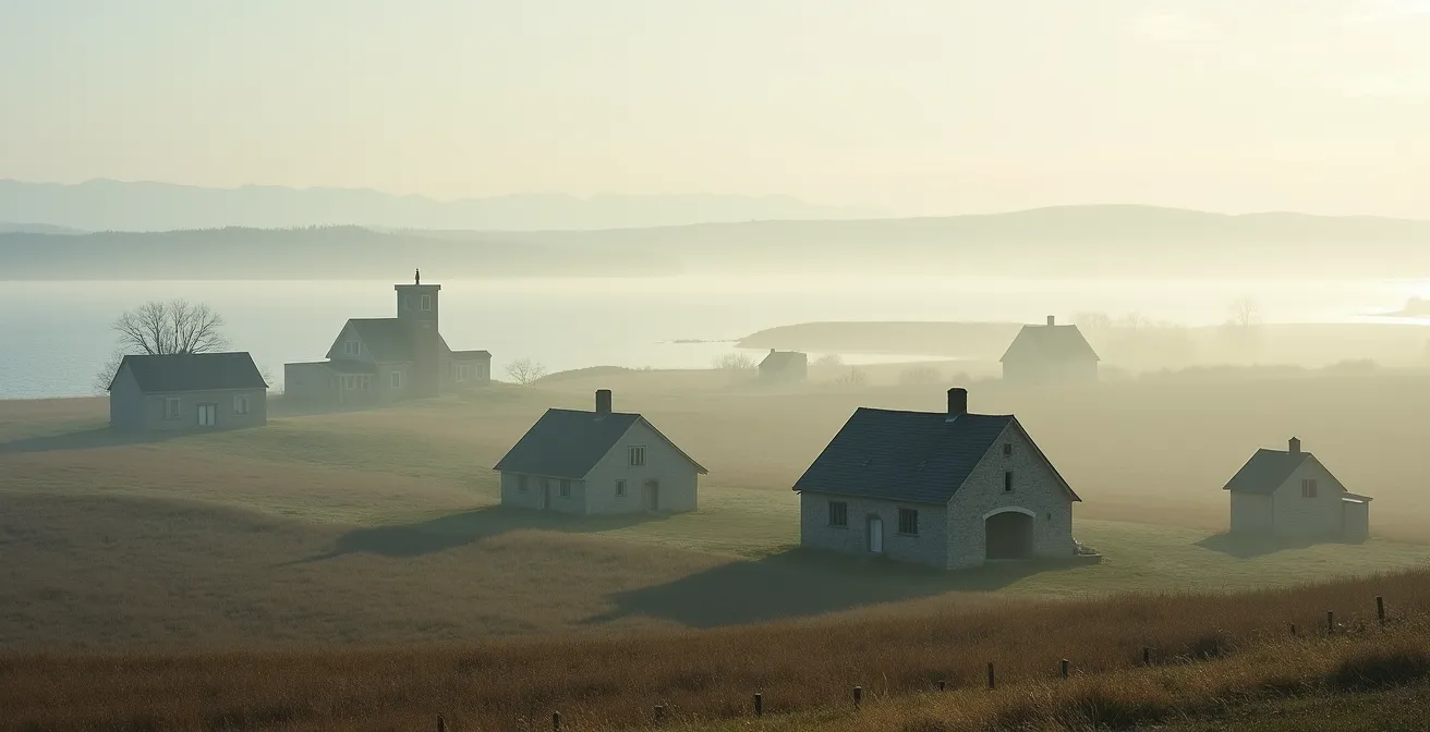 Vue panoramique de l'Île d'Orléans montrant des maisons ancestrales avec le fleuve Saint-Laurent en arrière-plan