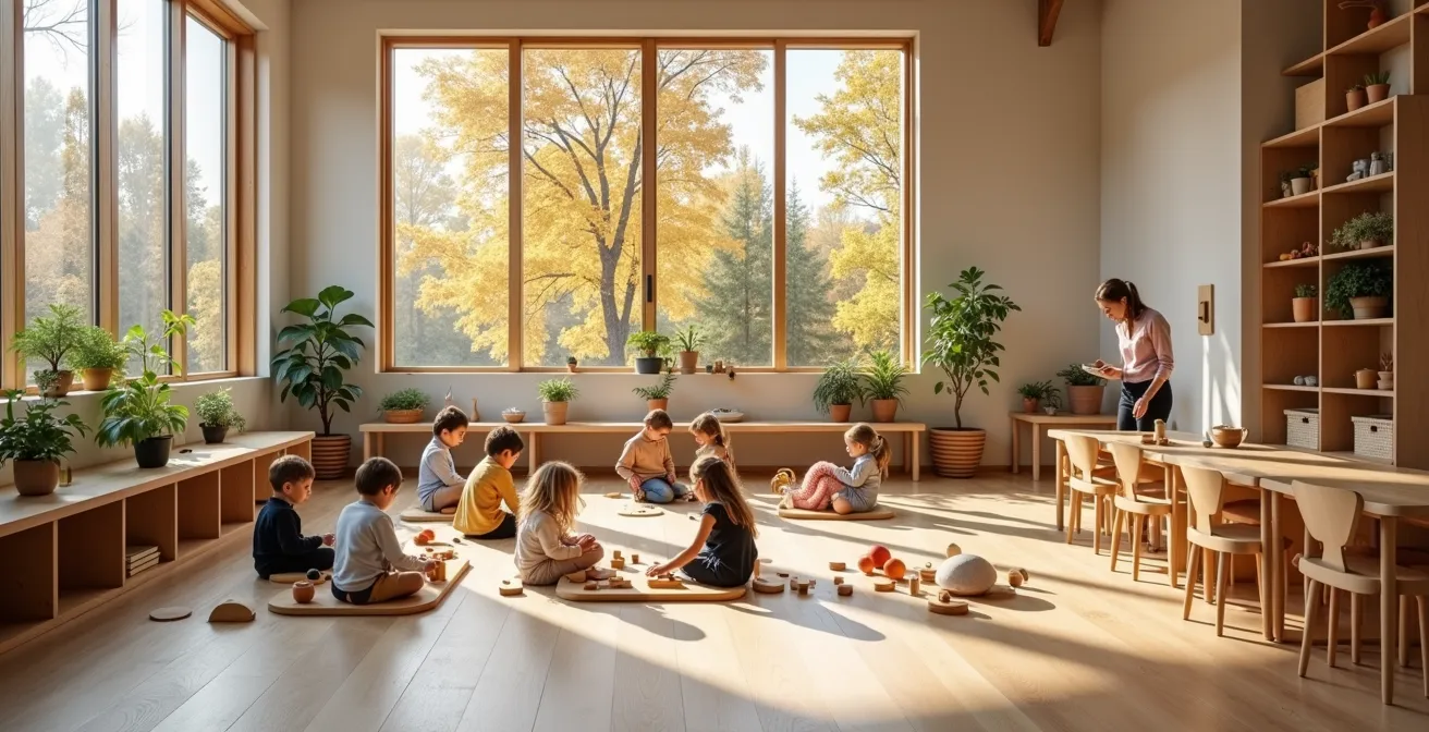 Enfants en apprentissage actif dans une classe alternative québécoise avec matériel Montessori