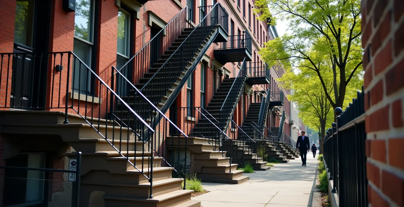 Vue atmosphérique d'une rue typique du Plateau Mont-Royal à Montréal avec escaliers extérieurs caractéristiques et architecture de triplex