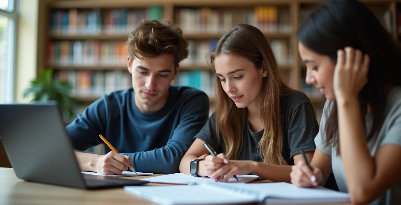 Étudiants en première session de cégep travaillant ensemble dans un espace d'étude moderne