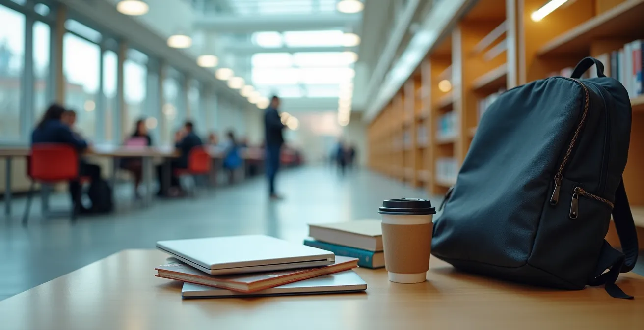 Groupe d'étudiants du cégep travaillant ensemble dans une bibliothèque moderne