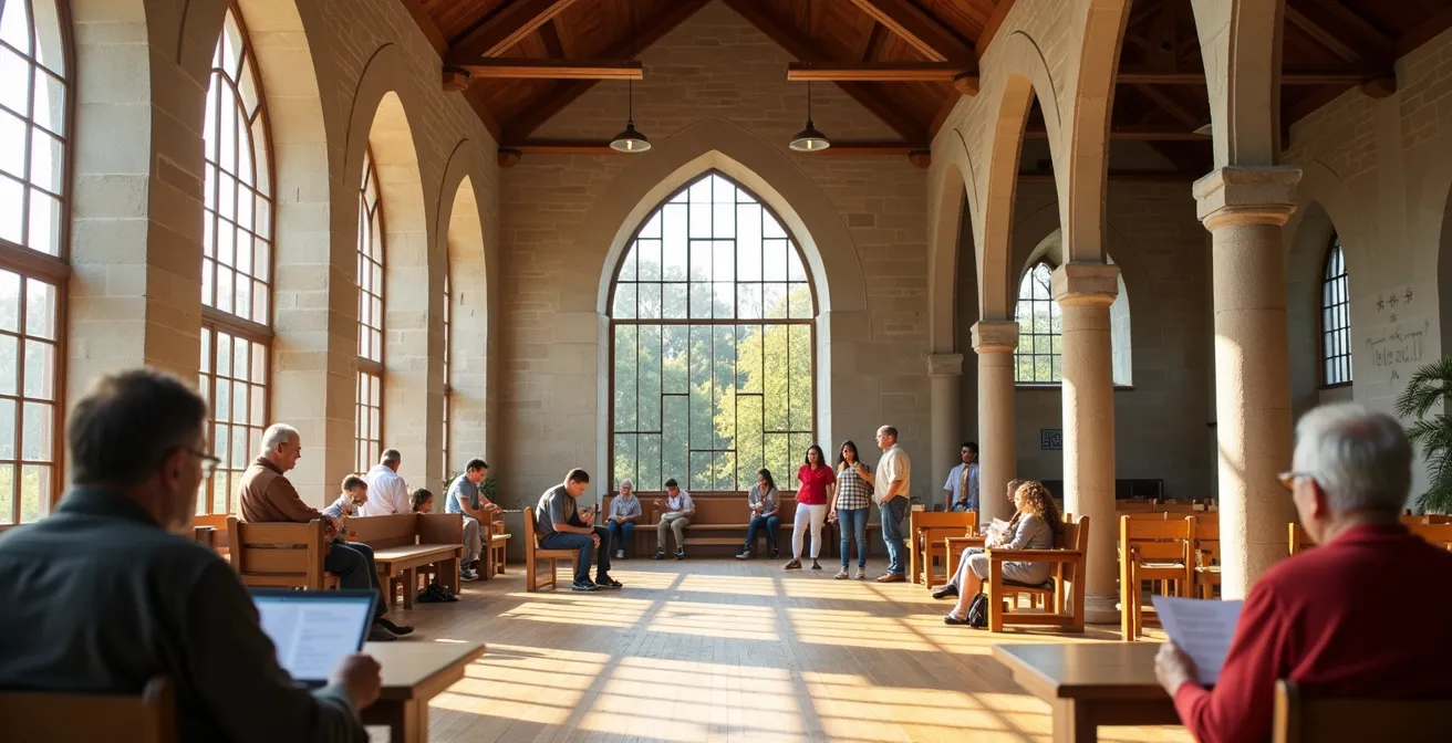 Ancienne église transformée en espace communautaire lumineux avec éléments architecturaux préservés