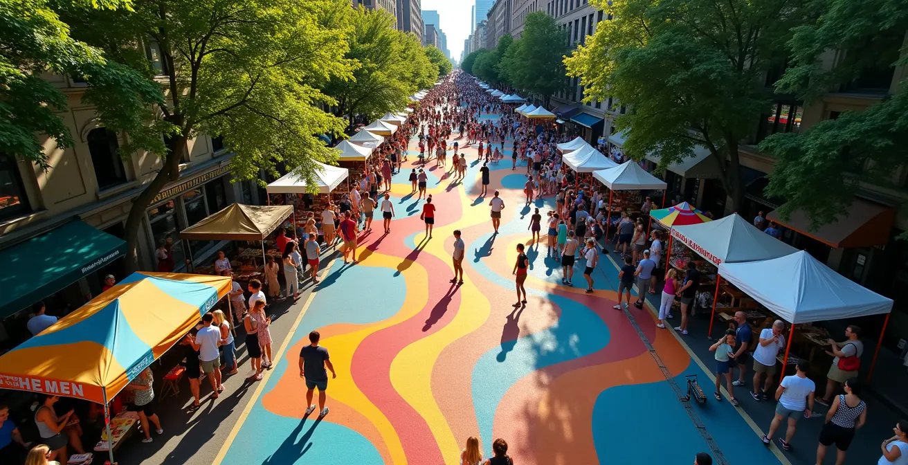 Rue piétonnisée de Montréal transformée en espace festif avec foule diverse et animations de rue