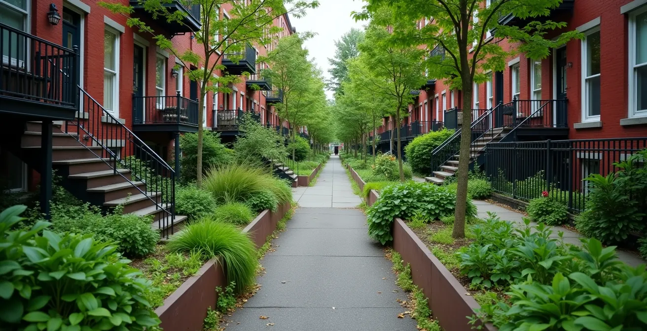 Vue aérienne d'une ruelle verte montréalaise avec végétation luxuriante et mobilier urbain