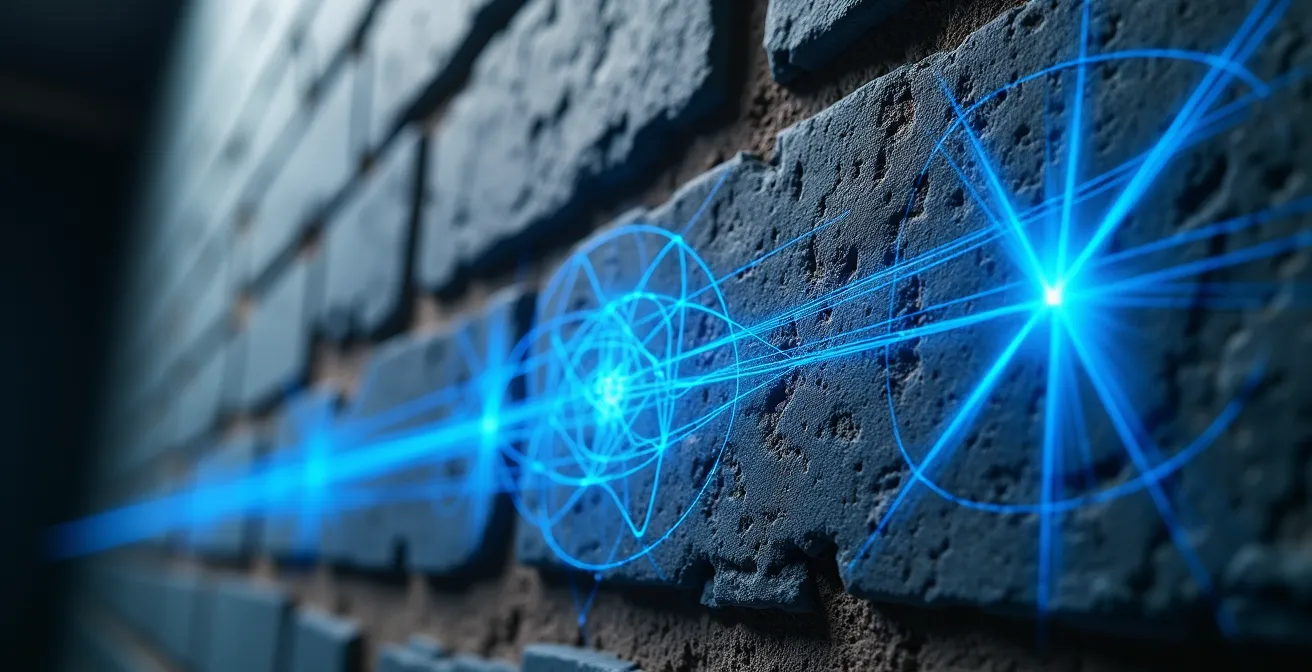 Gros plan sur une analyse laser 3D révélant les détails d'une pierre de taille ancienne avec ses textures