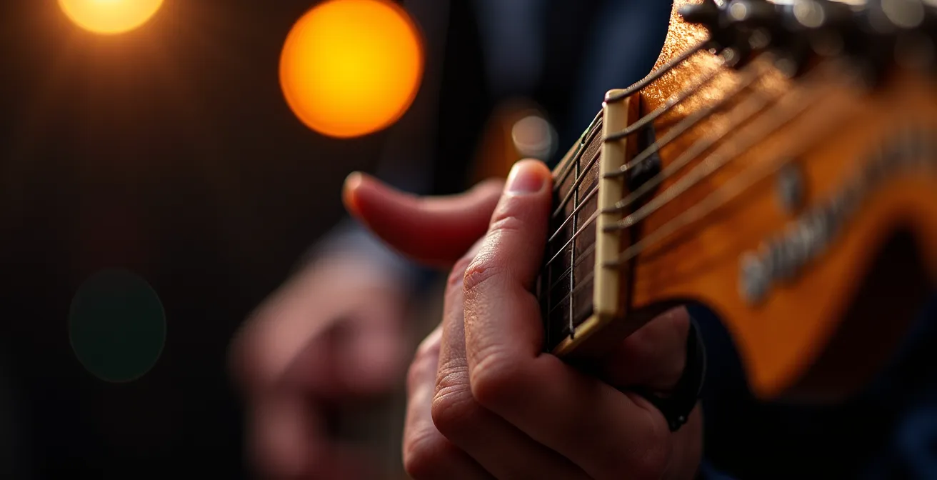 Petite scène intimiste avec artiste émergent et public captivé en soirée