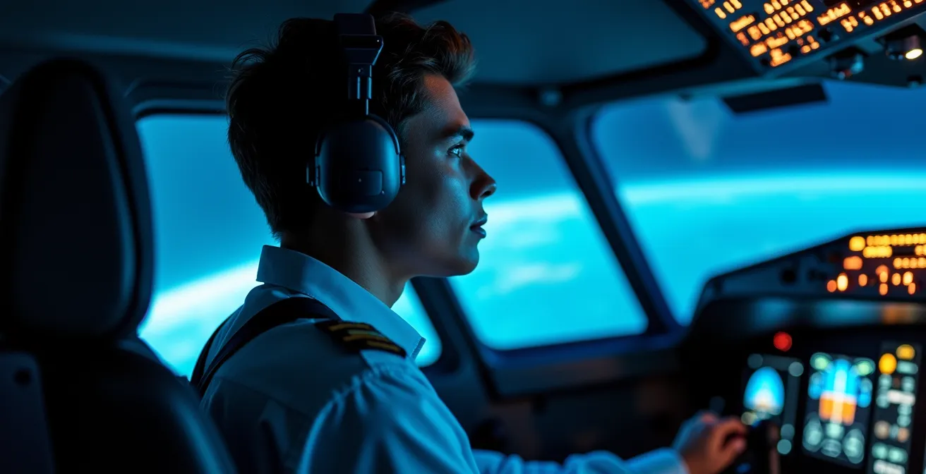 Intérieur d'un simulateur de vol CAE avec pilote en formation