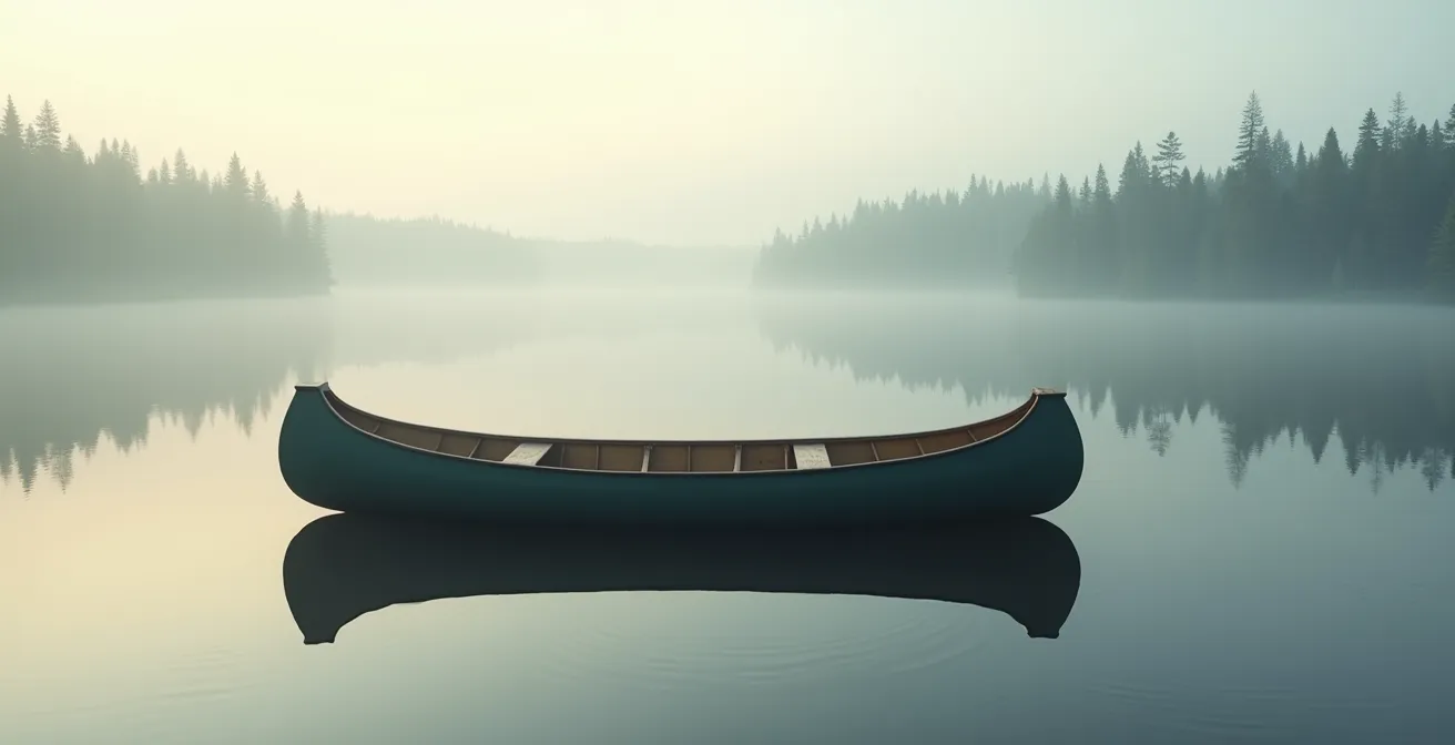 Canot solitaire sur un lac parfaitement calme reflétant la forêt boréale québécoise
