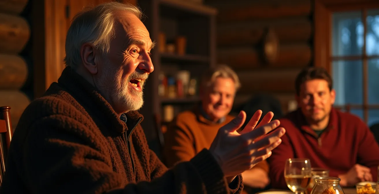 Un conteur québécois traditionnel captivé par son public dans une ambiance intimiste de veillée