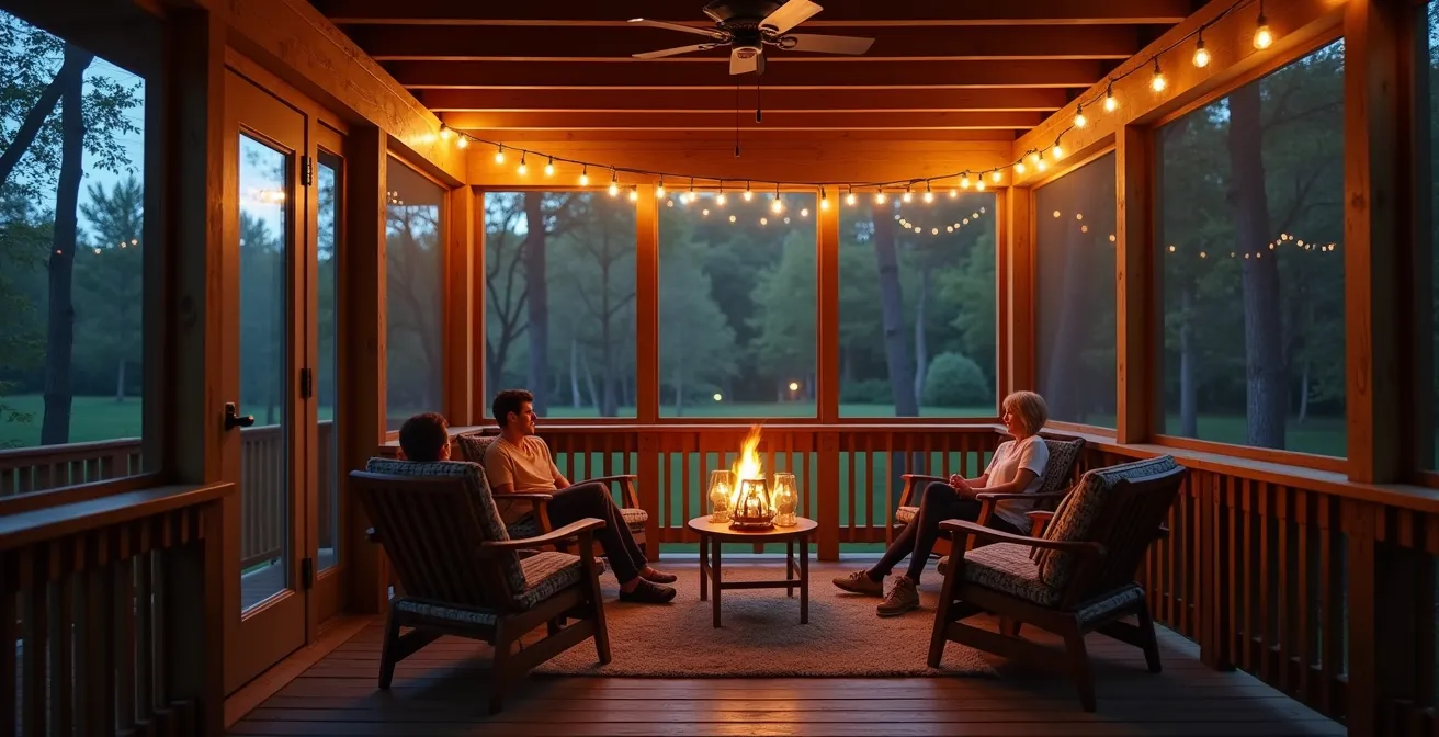Vue intérieure d'une véranda moustiquaire traditionnelle québécoise au crépuscule avec lumières douces
